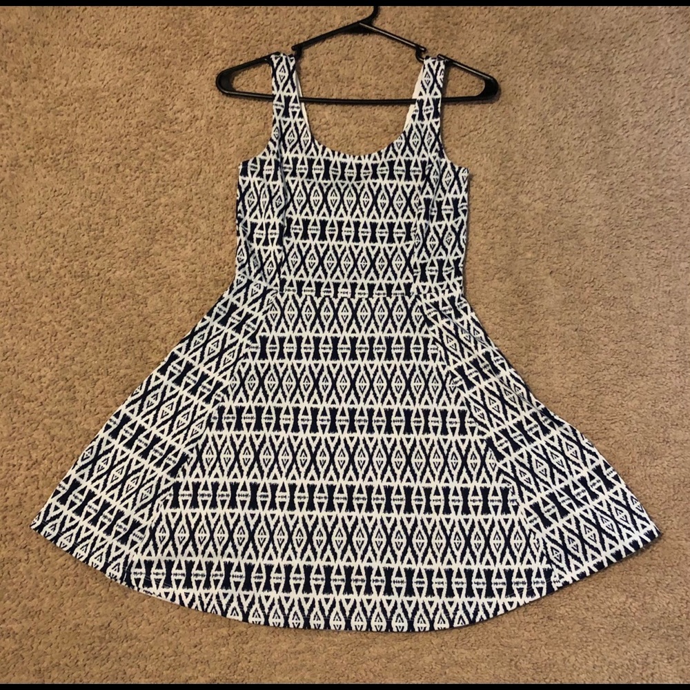 Navy & White Patterned Skater Dress